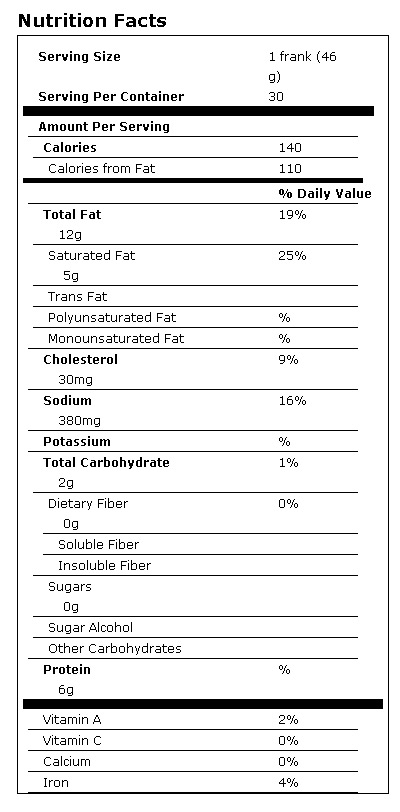 Sabrett® Skinless Beef Frankfurters - 48 ozs (3 lbs) / 30 ct nutrition facts