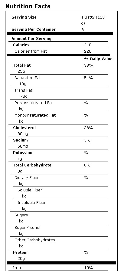 Sabrett® 100% Beef Quarter LB. Hamburgers - 32 oz (2 lbs) / 8 ct nutrition facts