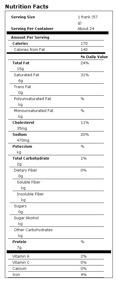 Sabrett® Natural Casing Beef Frankfurters - 48 ozs (3 lbs) / 24 ct nutrition facts