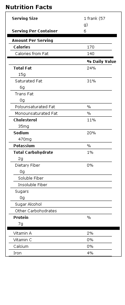 Sabrett® Natural Casing Beef Frankfurters 12 oz Nutrition Facts