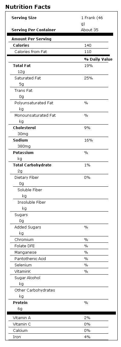 Sabrett Skinless Beef Frankfurters - 35 CT nutrition facts